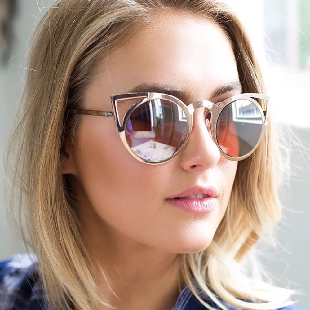 Mirrored Pink Round Lens Cat Eye Cut Out Sunglasses - Picture 1 of 6